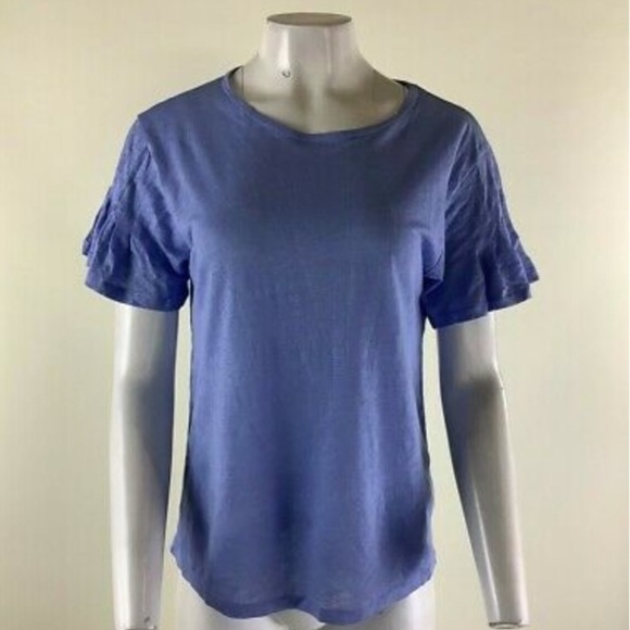 NWT J Crew Sz S Linen Flutter Sleeve Tee Blue 100% Linen Short Sleeve Casual - Picture 1 of 7